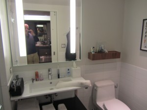 a bathroom with a mirror and a toilet
