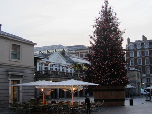 a large christmas tree in a city
