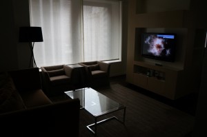 a room with a television and a couch