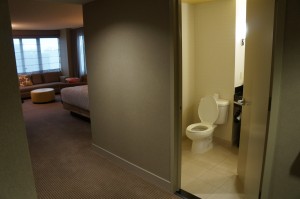 a bathroom with a toilet and a bed