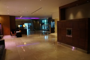 a large room with a glass wall