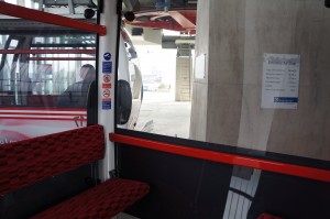 a bus with red seats