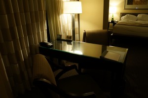 a desk in a hotel room