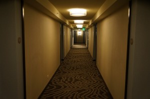a long hallway with a light on the ceiling