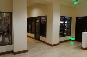 a hallway with glass doors