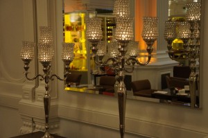 a group of candlesticks with lights