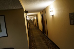 a long hallway with lights and a carpeted floor