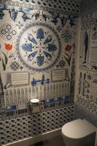a bathroom with a wallpaper