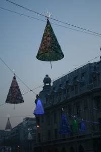 a group of cone shaped lights from wires