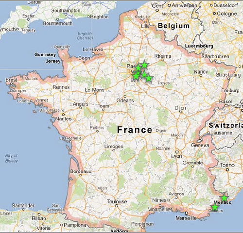 a map of france with green stars