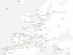 a map of europe with orange dots