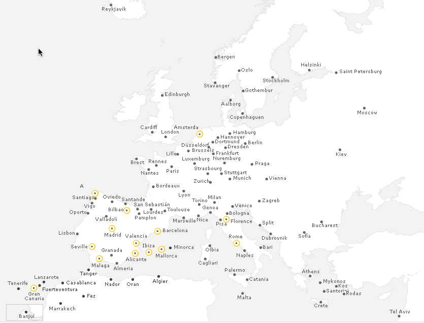 a map of europe with orange dots