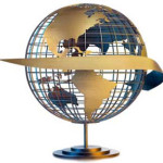 a globe with a ribbon around it