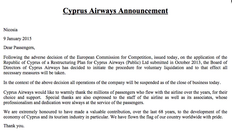 Cyprus Airways announcement