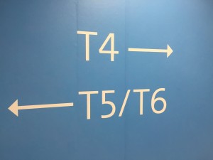 a blue wall with white text and arrows