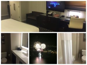 a room with a television and fireworks