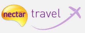 a logo with a yellow point and purple text