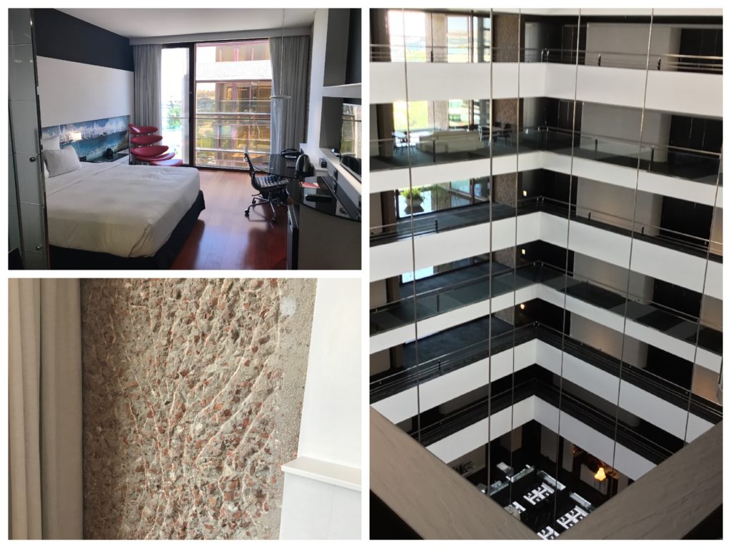 a collage of a bedroom and a room with a balcony