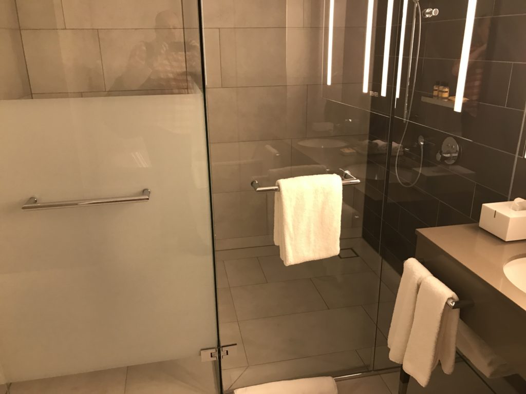 a glass shower with a glass door and a shower door