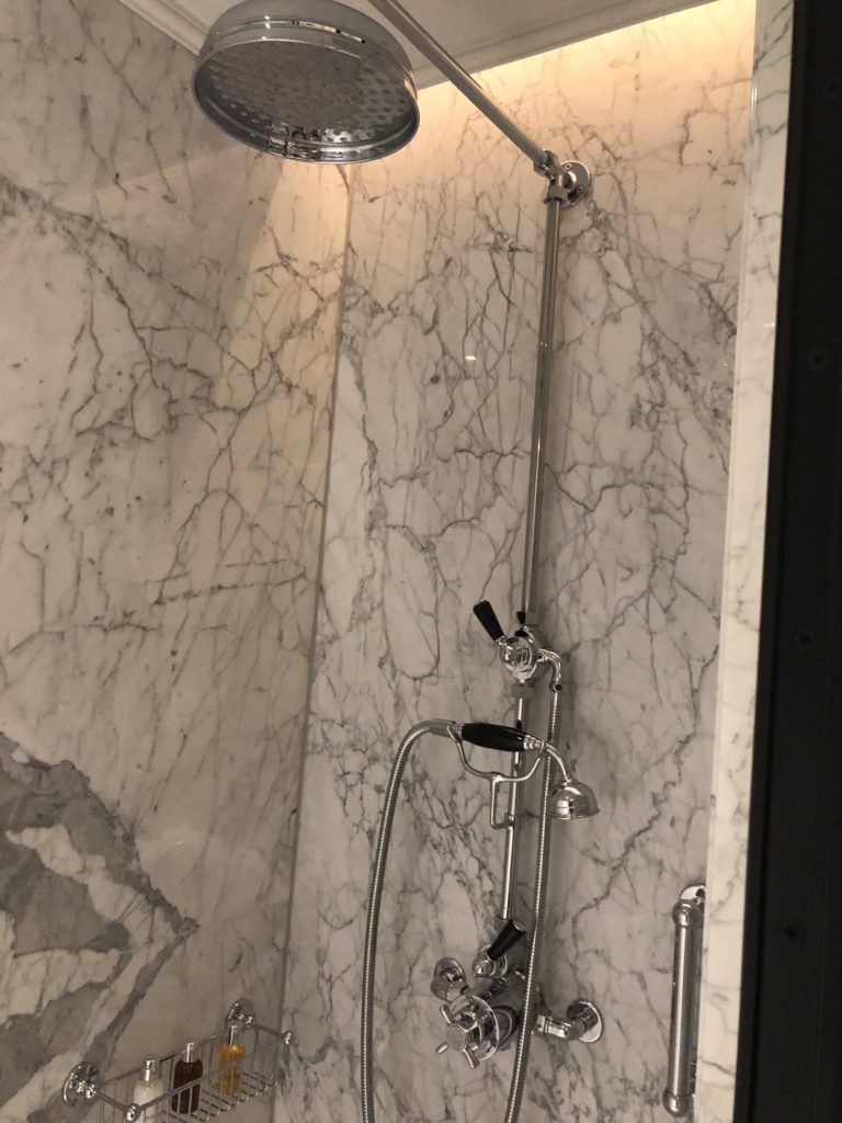 a shower with a shower head and a light